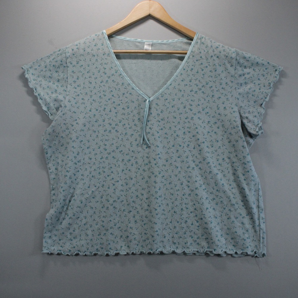PINK Victoria's Secret Floral Sleep Top XL Blue V-Neck Lettuce Edge Short Sleeve